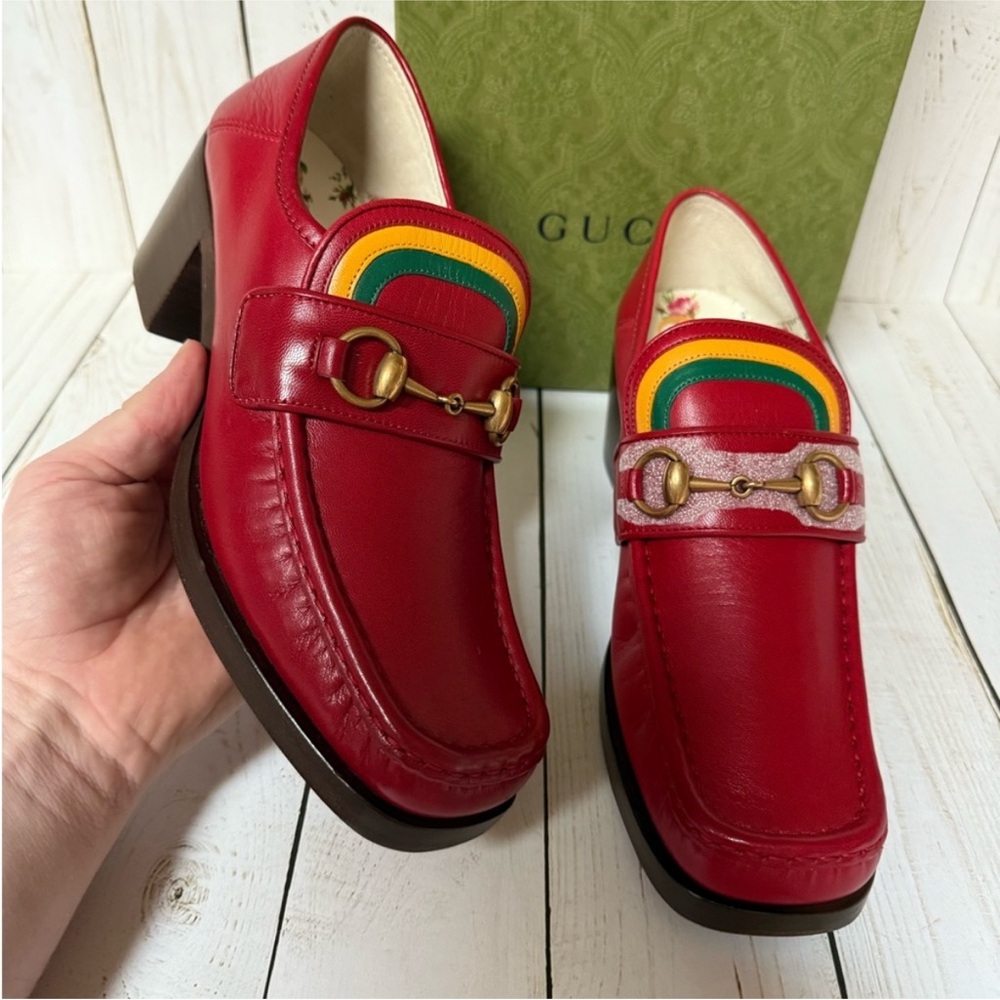 Gucci Red Leather Vegas Loafers Heels Pumps 39.5 - Picture 6 of 14